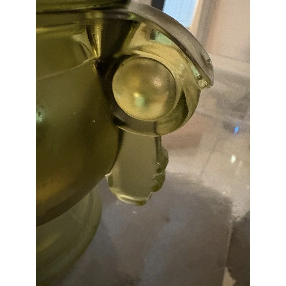 VTG Olive Green Satin Glass Covered Urn Biscuit Jar Pedestal 9.5